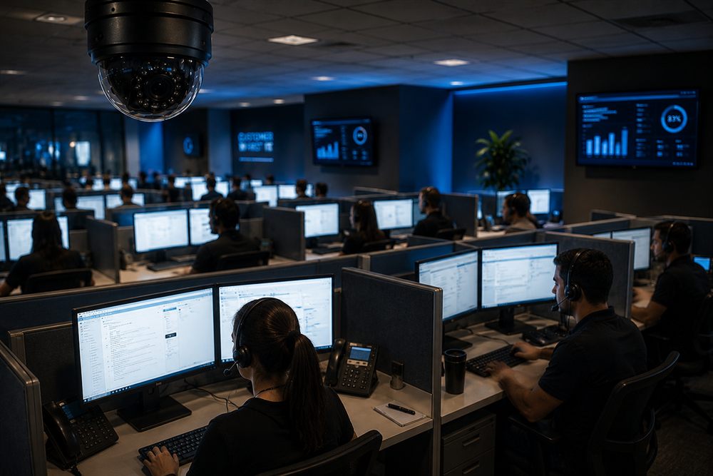 Call center com as telas dos atendentes monitoradas por câmera de CFTV
