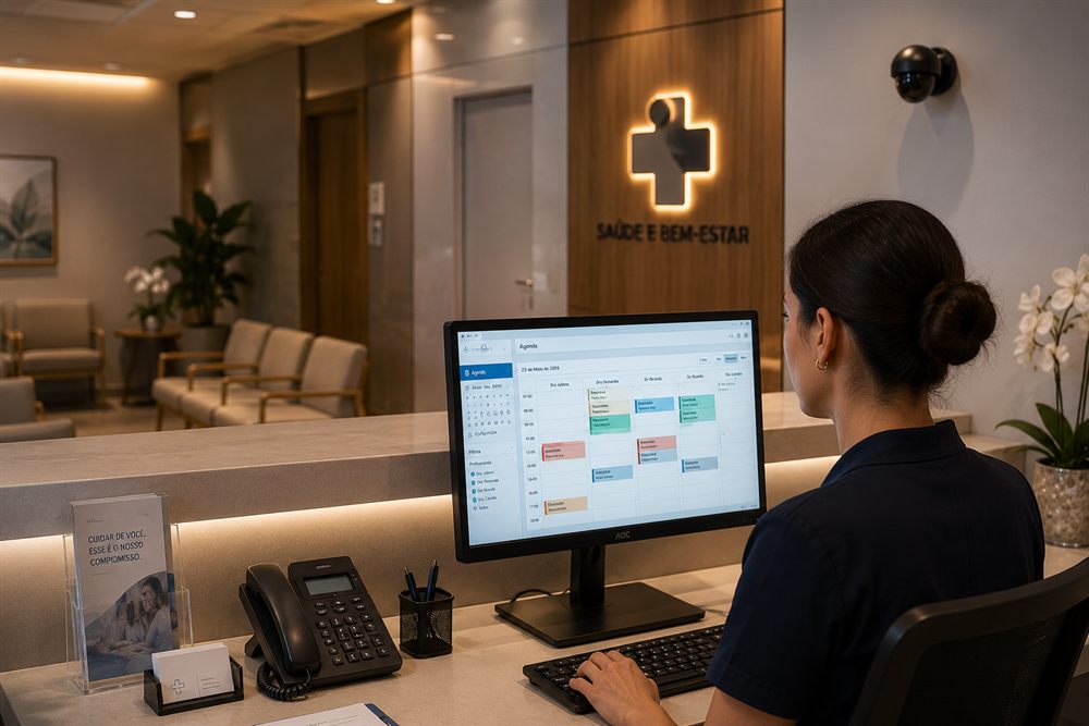 Recepção de clínica com a tela da agenda monitorada por câmera de CFTV