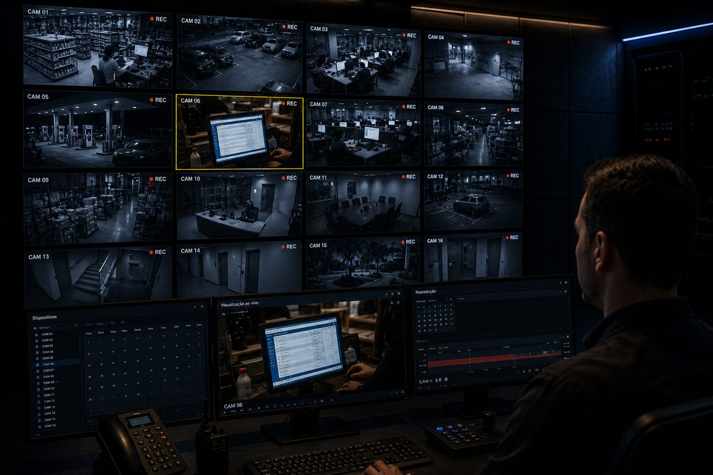 Sala de monitoramento com uma parede de 16 câmeras — uma delas é a tela de um computador