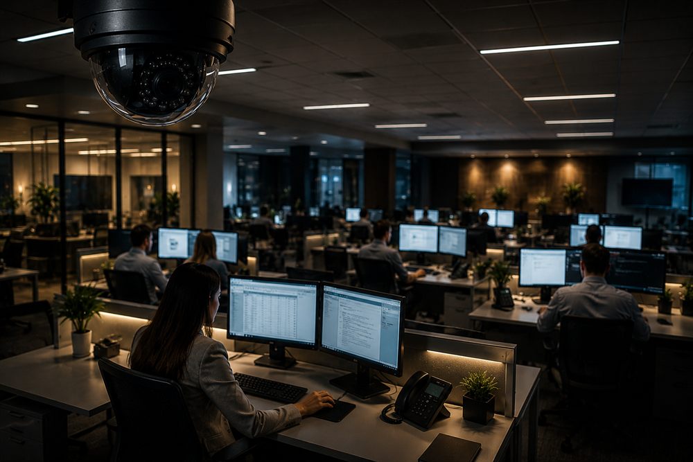 Escritório com as telas dos computadores monitoradas por câmera de CFTV