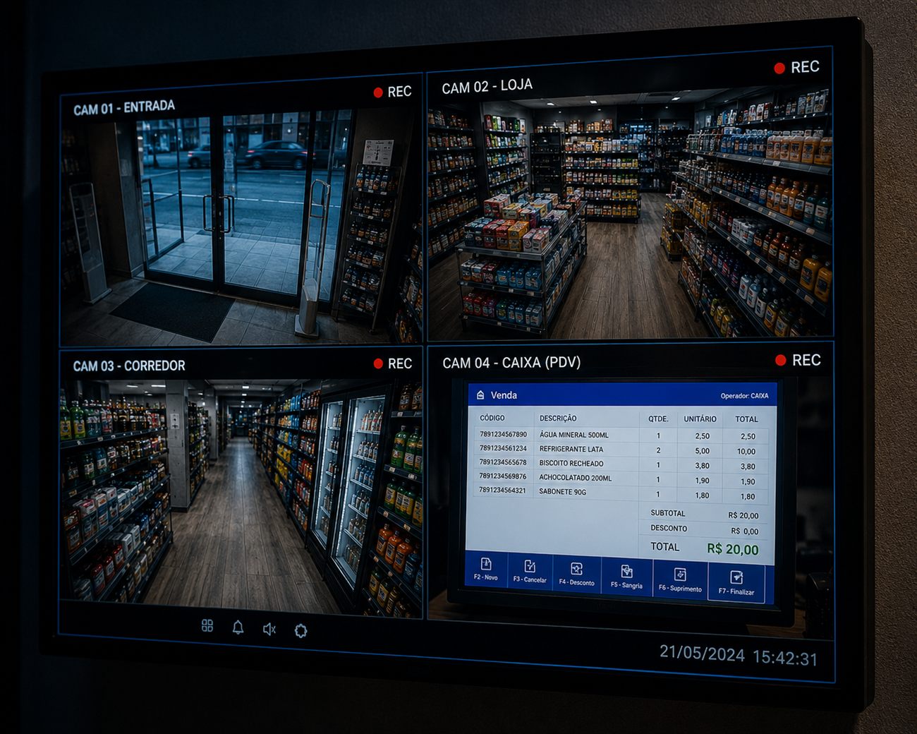 Monitor de CFTV mostrando 4 câmeras — uma delas é a tela do caixa (PDV) do MA Capture