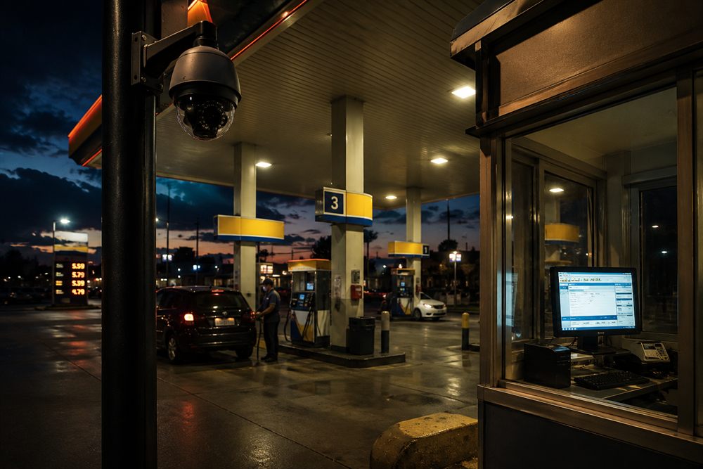 Guarita de posto de combustível com a tela do caixa monitorada por CFTV