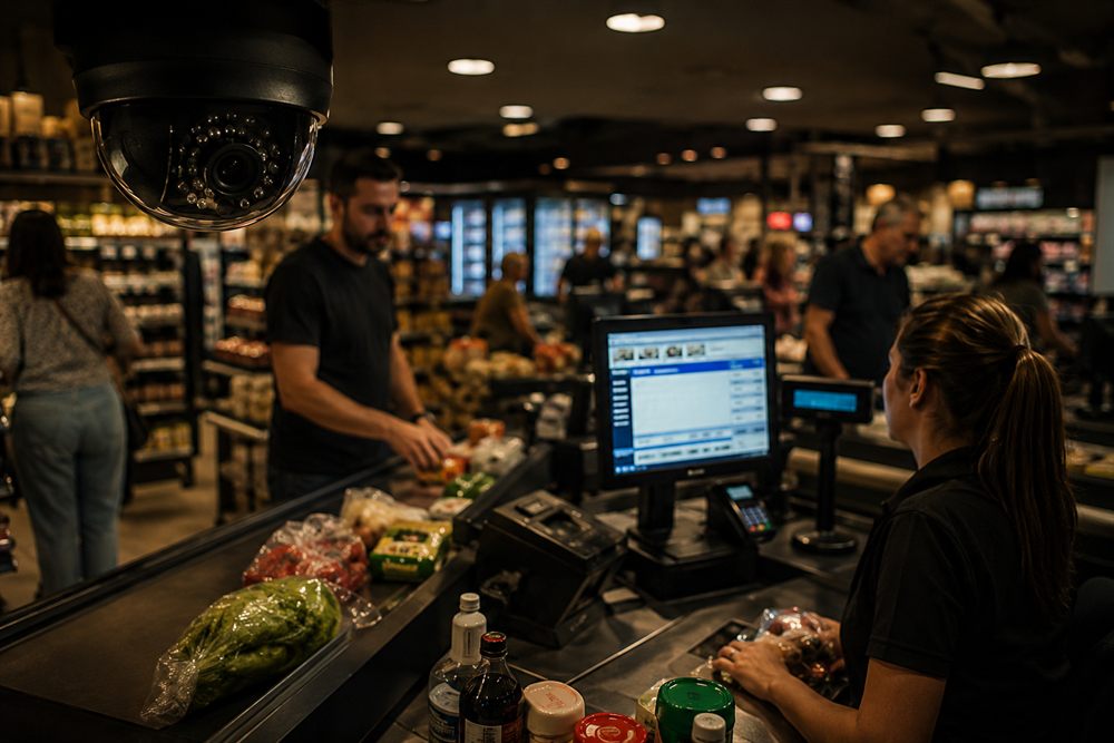 Caixa de supermercado com a tela do PDV monitorada por câmera de CFTV